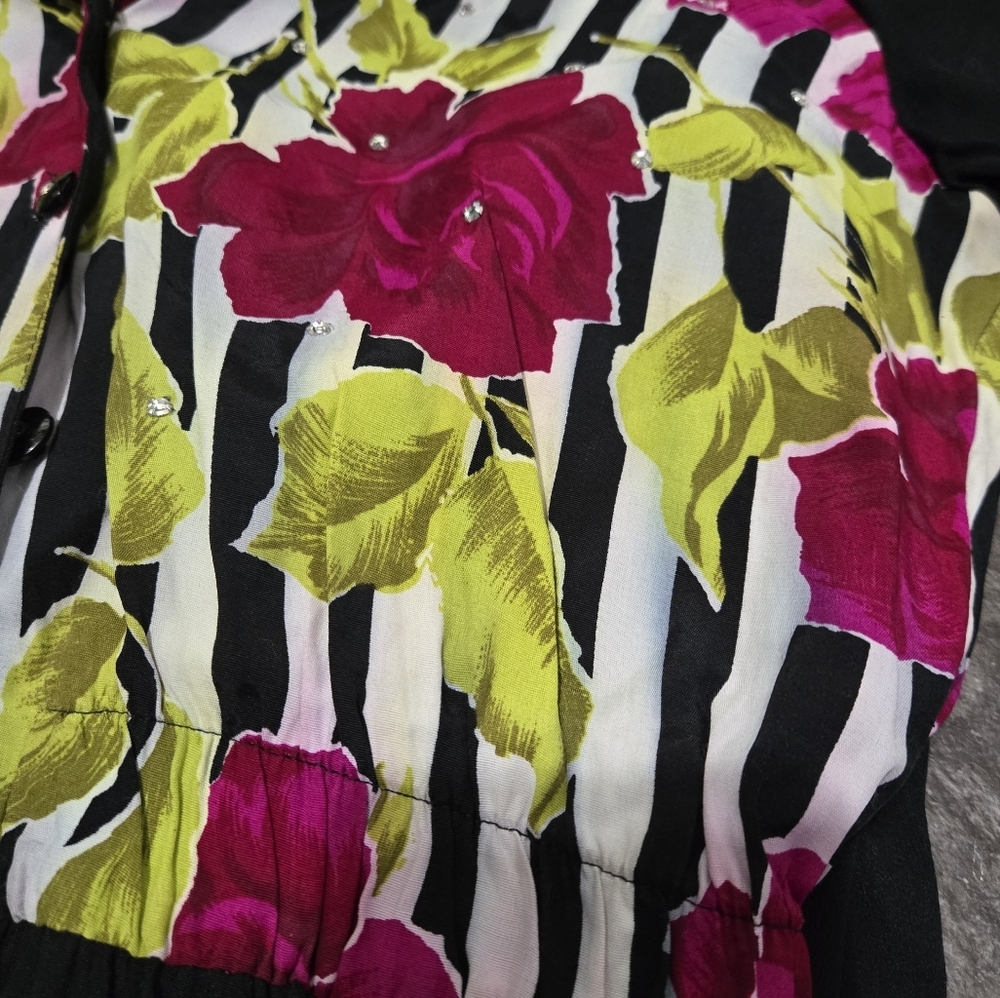 Vintage Saint Germain Paris Black Multicolor Stripes Floral Print Jumpsuit SZ 8 - Picture 7 of 10